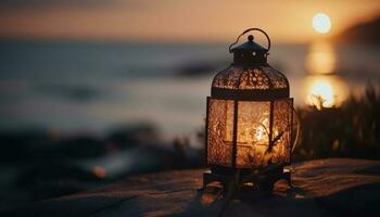 Glowing lantern illuminates nature beauty at dusk generated by AI photo