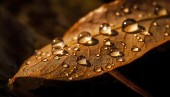 Fresh dew drops on vibrant yellow leaf generated by AI photo