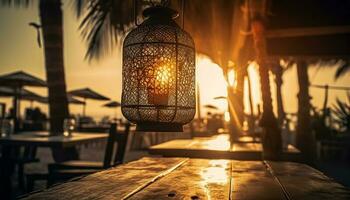Glowing lantern illuminates rustic wood table outdoors generated by AI photo