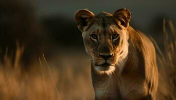 majestuoso leona curioso a cámara en sabana generado por ai foto