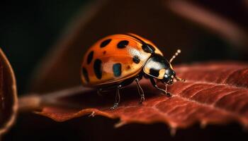 Spotted ladybug crawls on green leaf outdoors generated by AI photo