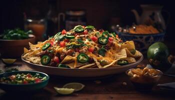 Fresh guacamole and beef taco on flatbread plate generated by AI photo