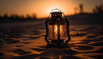 Glowing lantern illuminates tranquil winter dusk scene generated by AI photo