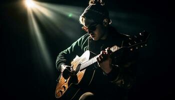 joven adulto guitarrista ejecutando rock música en etapa generado por ai foto