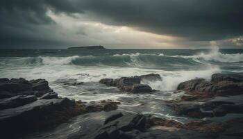 Breaking waves splash against dramatic coastline cliffs generated by AI photo