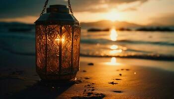 Glowing lantern illuminates tranquil coastline at dusk generated by AI photo