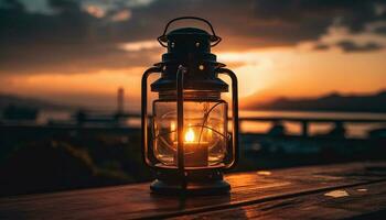 Rustic lantern burning in nature twilight glow generated by AI photo