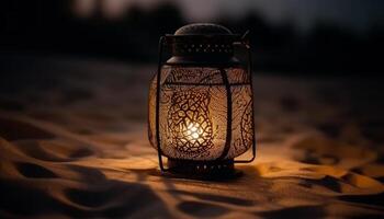 Antique lantern glowing in natural night lighting generated by AI photo