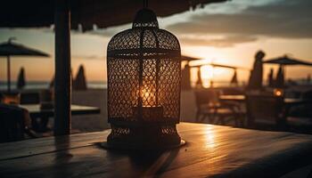 Antique lantern glows in tranquil sunset scene generated by AI photo