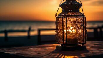 Glowing lantern illuminates tranquil sunset on coastline generated by AI photo
