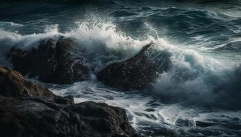 Breaking waves crash against rocky cliff edge generated by AI photo