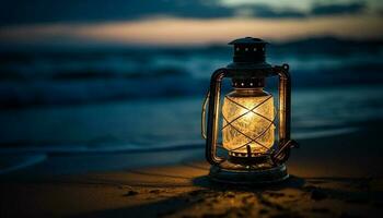 Glowing lantern illuminates tranquil winter sunrise beauty generated by AI photo