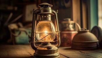 Rustic lantern glows with old fashioned elegance generated by AI photo