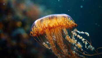 Glowing moon jellyfish in deep sea motion generated by AI photo