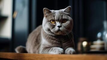 Old scottish fold cat in a modern home environment, with free space. photo