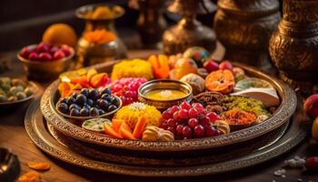 Autumn abundance on rustic wood table display generated by AI photo