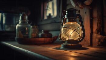 Antique lantern glows in dark rustic home generated by AI photo