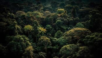 Green leaves on tree branch in forest generated by AI photo