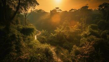 Tranquil scene of tropical rainforest at dawn generated by AI photo