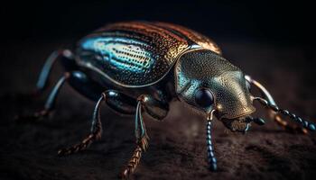 Small weevil crawling on green forest leaf generated by AI photo