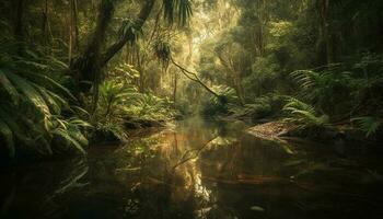 Tranquil scene of a tropical rainforest waterfall generated by AI photo
