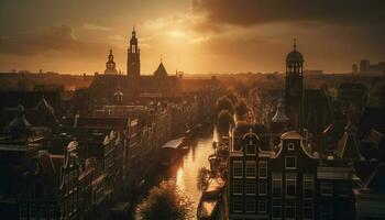 Medieval steeple backlit by sunset in old town generated by AI photo