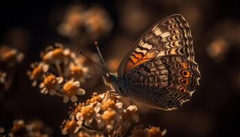 Vibrant butterfly wing spotted on yellow flower generated by AI photo