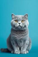 Adult cat sits on the floor and looks into the camera against a blue background. with free space, vertical frame. . photo