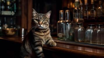 An adult angry cat looks into the frame, a close-up on an animal on a wooden counter in an old bar, rest at the end of the working day. . photo