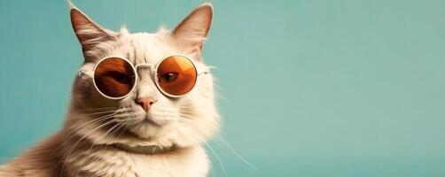 White cat in retro style yellow glasses on light green background with copy space, AI generated photo