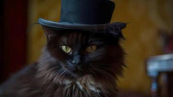 negro gato en un sombrero, de cerca, generado por ai tarjeta idea para internacional gato día. alto calidad foto