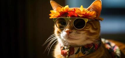 Ginger cat with glasses and flower wreath illustration with copy space, for Cat Day photo