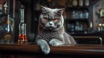 An adult angry cat looks into the frame, a close-up on an animal on a wooden counter in an old bar next to a glass of whiskey, rest at the end of the working day. . photo