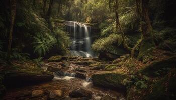 Tranquil scene of flowing water in forest generated by AI photo