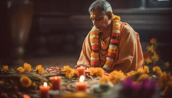 One man meditating, holding candle, serene outdoors generated by AI photo