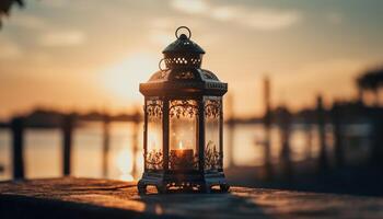 Antique lantern illuminates Arabic street at dusk generated by AI photo