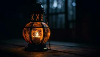 Glowing antique lantern illuminates dark winter night generated by AI photo