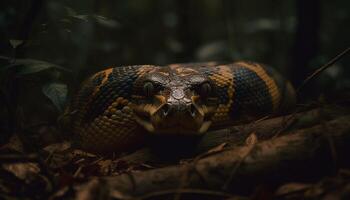 Spooky viper in dark forest, danger ahead generated by AI photo