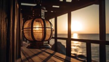 Antique lantern hanging, glowing in the night generated by AI photo