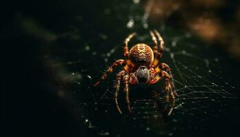 Spooky garden spider spins multi colored web outdoors generated by AI photo