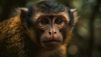 linda macaco curioso, comiendo en tropical bosque generado por ai foto