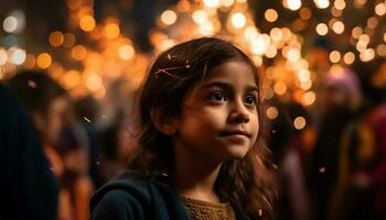Smiling child enjoys Christmas lights and decorations generated by AI photo