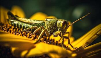 Yellow bee on green leaf, nature beauty generated by AI photo