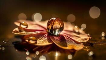 Shiny dew drop on wet leaf reflects beauty generated by AI photo