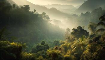 Tropical sunrise over Bali misty mountain range generated by AI photo