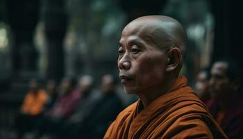 Buddhist monk meditating outdoors in famous city generated by AI photo