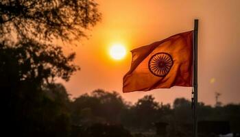 Flag waving in majestic sunset, patriotic symbol generated by AI photo
