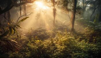 iluminado por el sol bosque camino, otoño hojas crujido debajo de los pies generado por ai foto