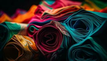 vibrante seda textiles en un vistoso montón generado por ai foto