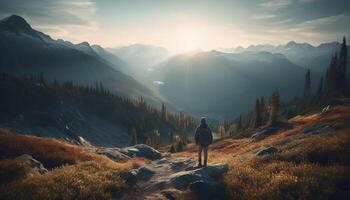 One person hiking mountain peak in autumn generated by AI photo